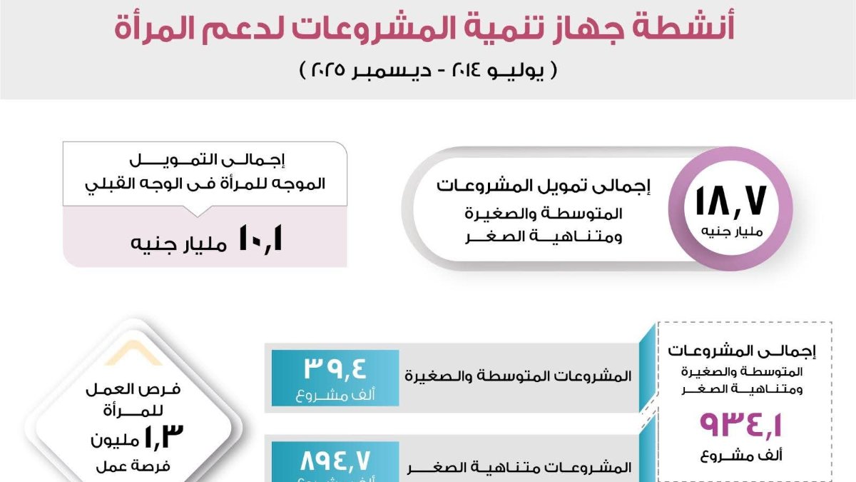 جهاز تنمية المشروعات يموّل مشروعات المرأة بـ18.7 مليار جنيه