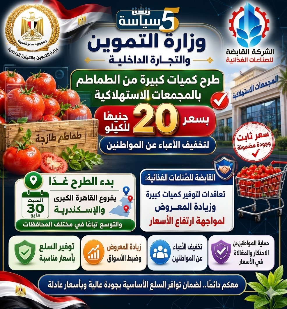 وزارة التموين تطرح الطماطم بسعر 20 جنيهًا للكيلو بالمجمعات الاستهلاكية لمواجهة ارتفاع الأسعار
