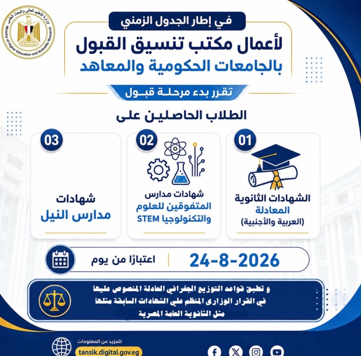 تنسيق 2026.. موعد وخطوات تسجيل رغبات الشهادات المعادلة وطلاب STEM ومدارس النيل