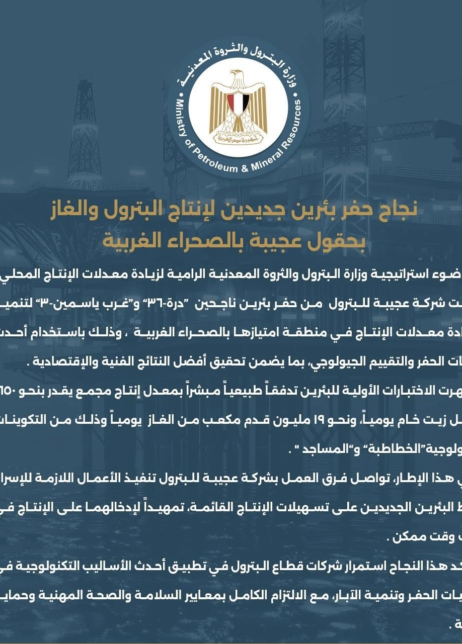 اكتشاف واعد في الصحراء الغربية: بئران جديدان يزيدان إنتاج مصر من البترول والغاز