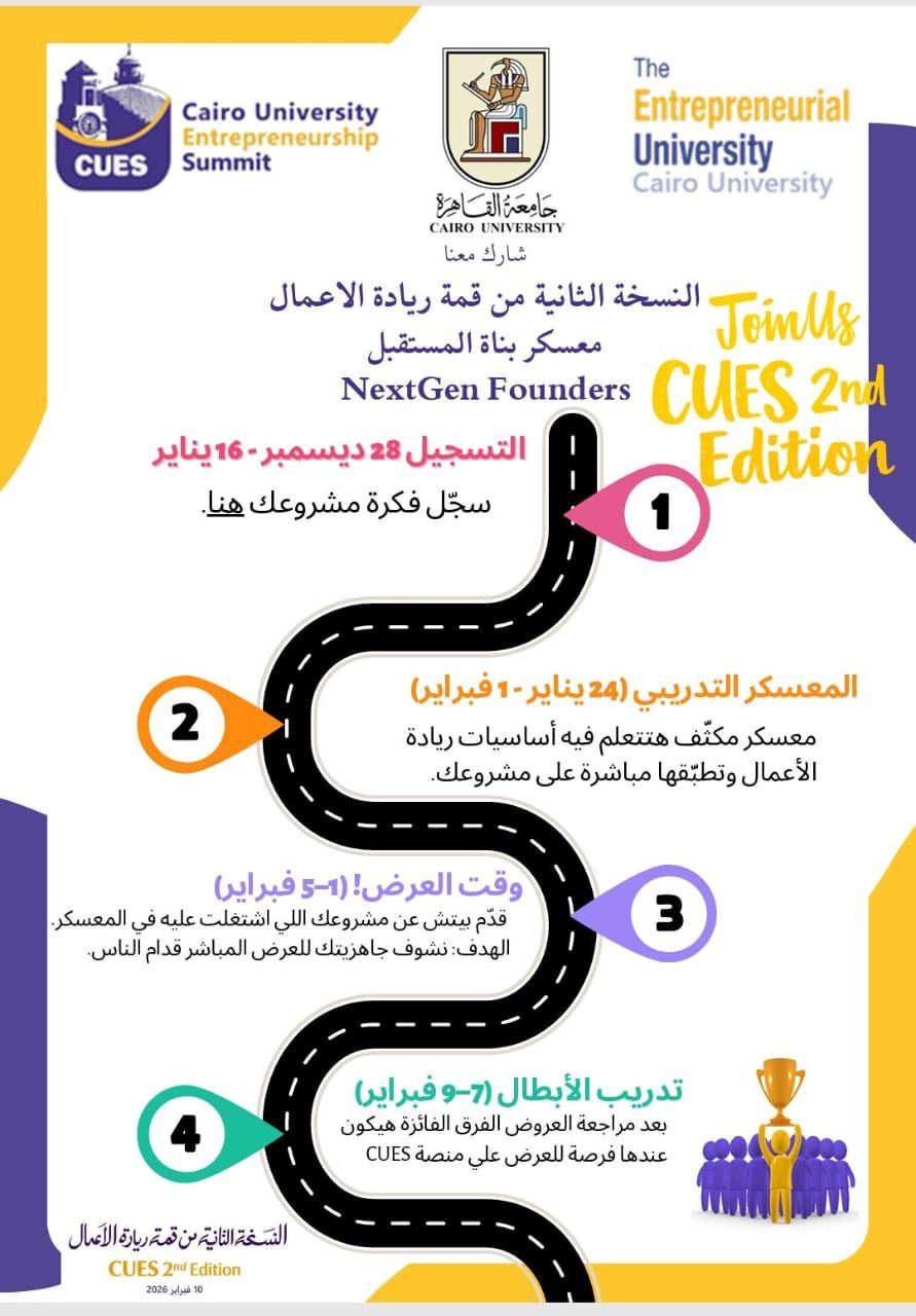 جامعة القاهرة تفتح أبواب الريادة أمام طلابها بإطلاق معسكر «بناة المستقبل – NextGen Founder  إعرف كيفية التسجيل